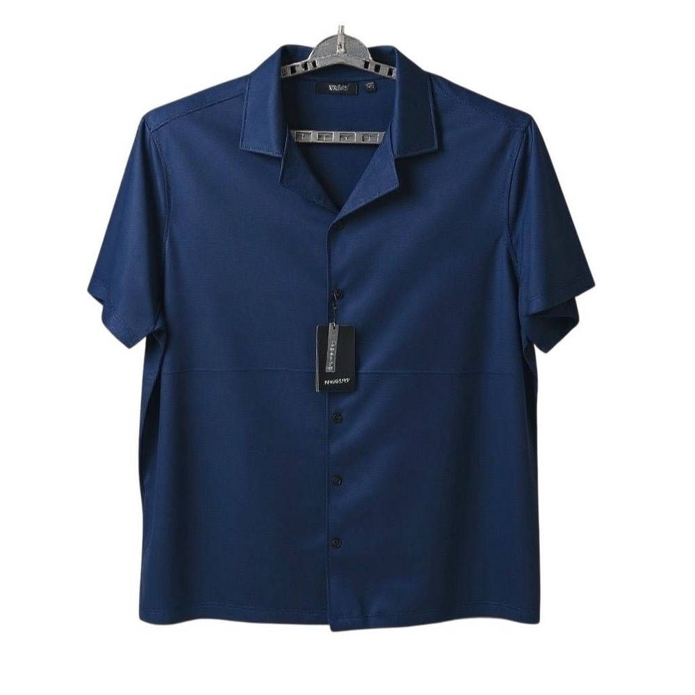 NEW Murano Liquid Luxury Mens 2XB Navy Blue Short Sleeve Button Up Shirt